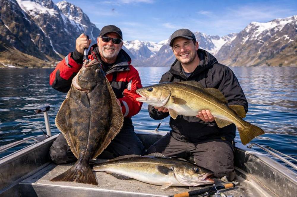 Angeln in Norwegen vom Boot im Fjord – typische Region für Heilbutt, Dorsch und Pollack
