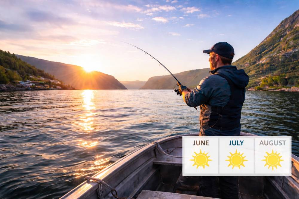 Angeln in Norwegen im Fjord vom Boot bei guten Wetterbedingungen zur idealen Reisezeit